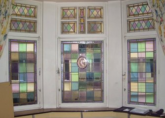 interieur, glas in lood, glasraam, medaillon